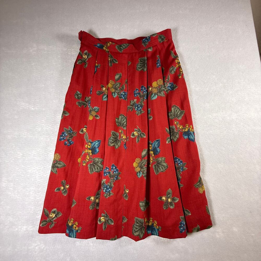 Vtg 90s Y2K Geiger 100% wool pleated red floral skirt - midi pockets fall